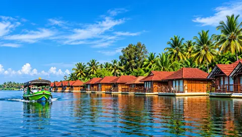 Boat passing floating cottages on Poovar backwaters – Poovar Boating